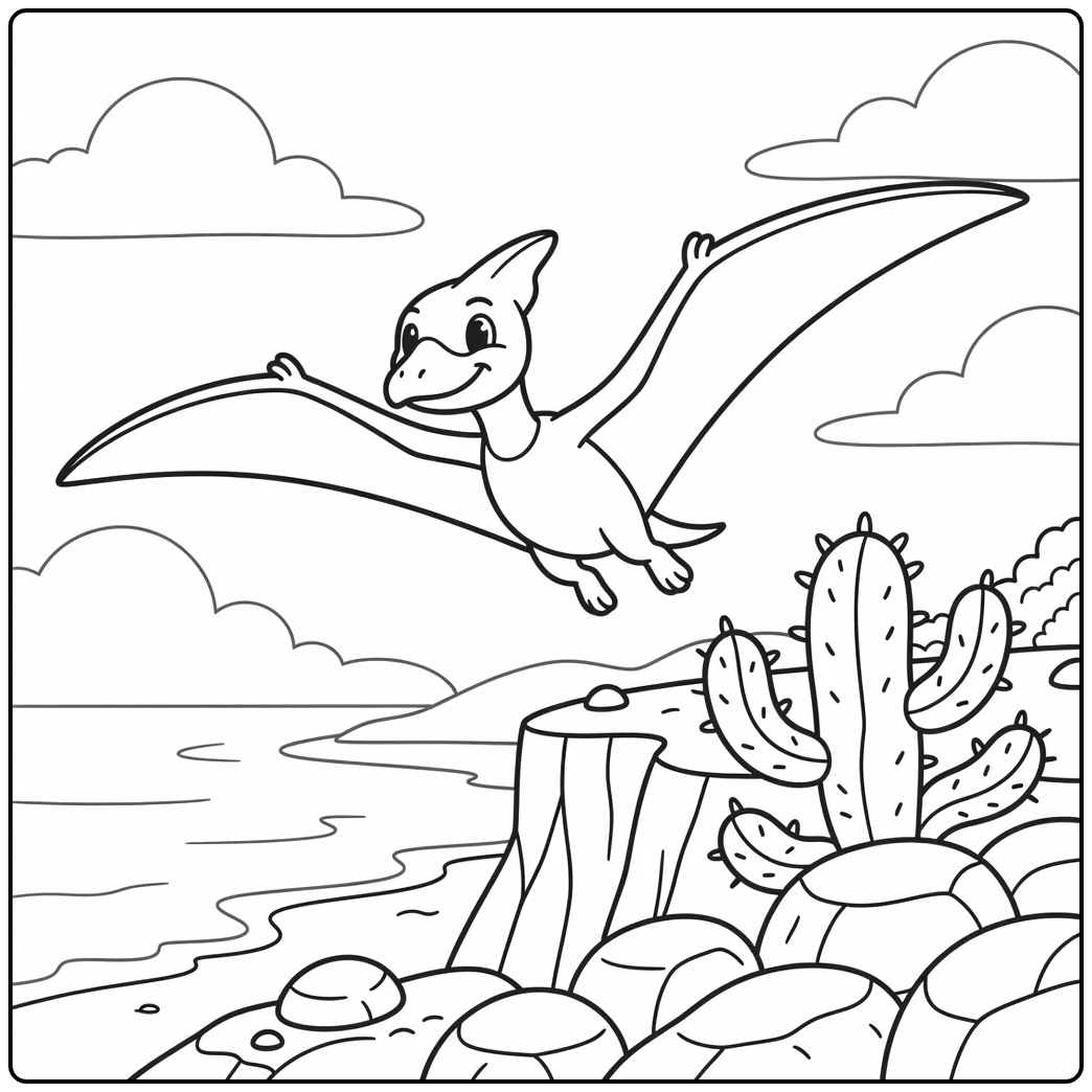 flying dinosaur coloring page Nyctosaurus on windy cliff