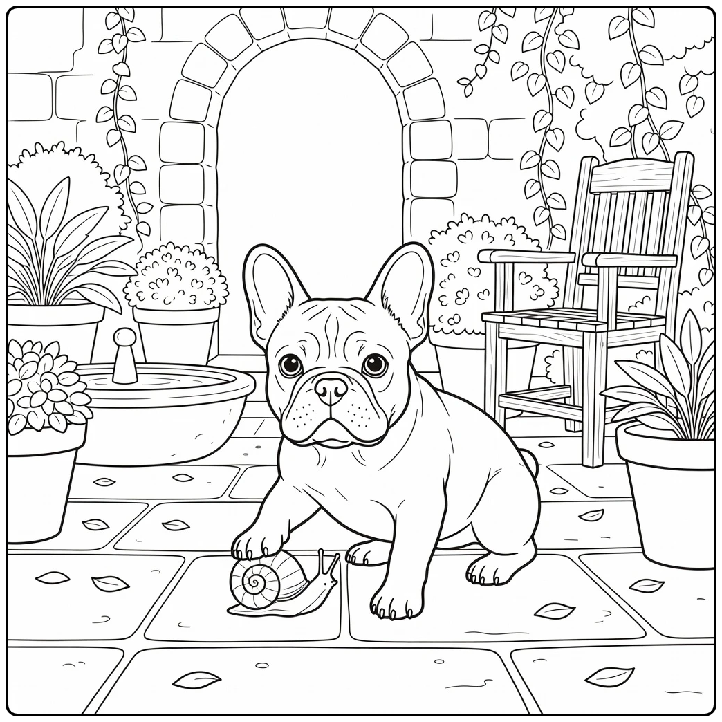 french bulldog coloring page with curious snail discovery