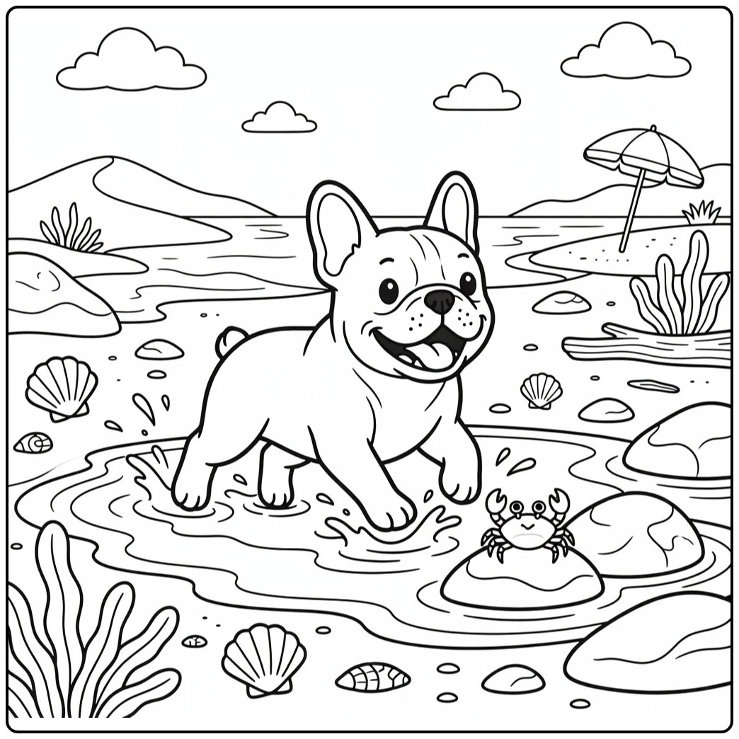 french bulldog coloring page dog chasing crab in tide pool