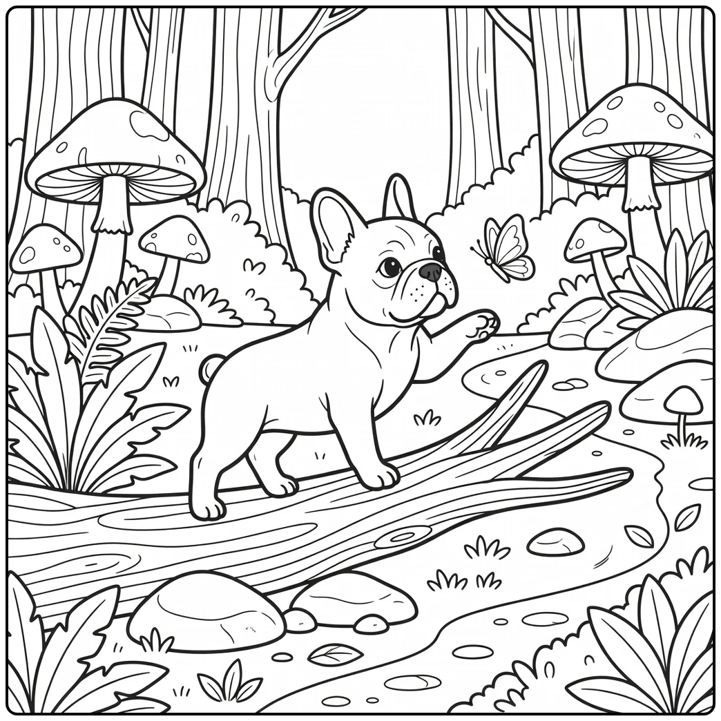 french bulldog coloring page with butterfly in woods
