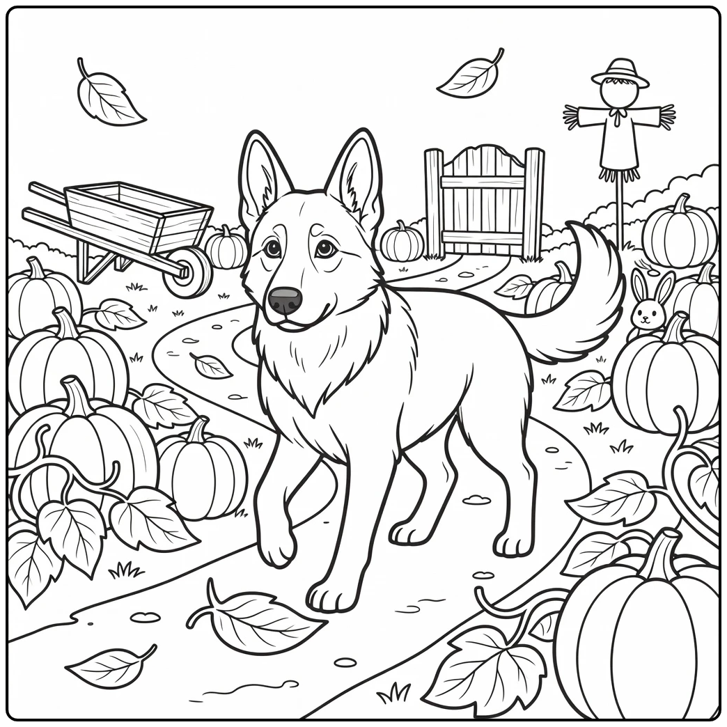 german shepherd coloring page in pumpkin patch with rabbit
