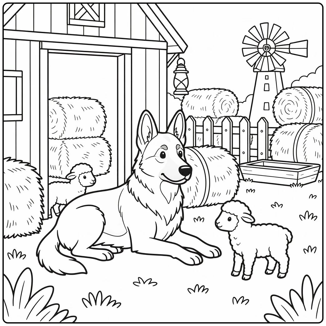 german shepherd coloring page of dog with curious lambs