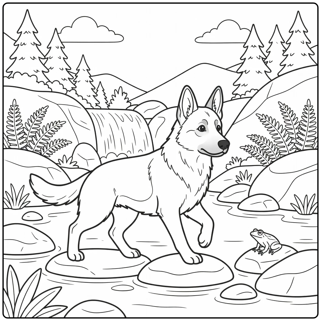 german shepherd coloring page dog stepping in stream
