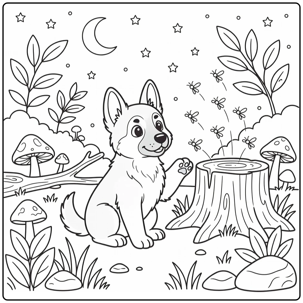 german shepherd coloring page of puppy and fireflies