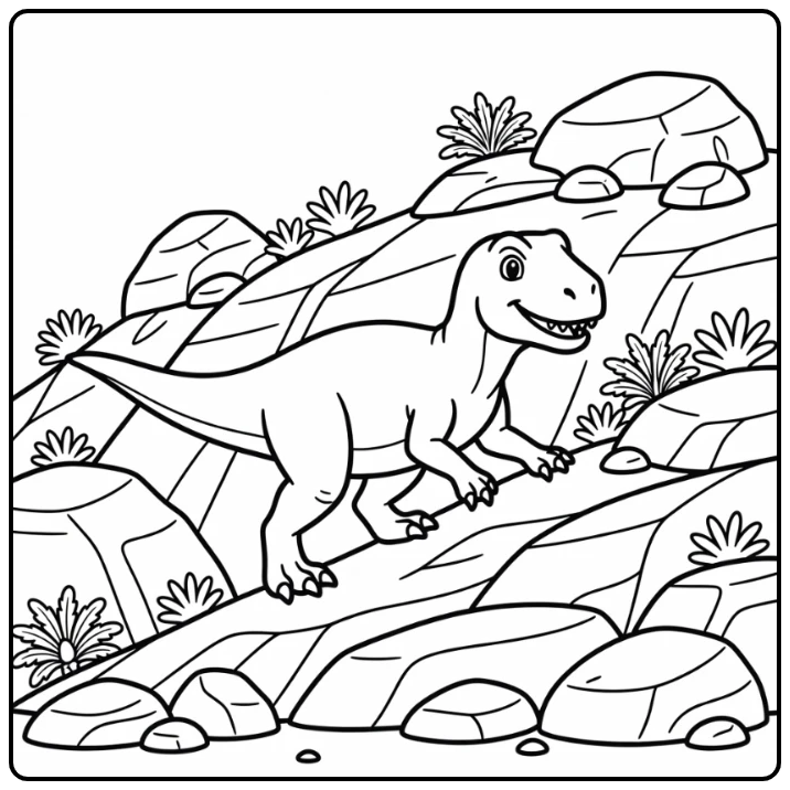 giganotosaurus coloring page dinosaur climbing rocky hillside