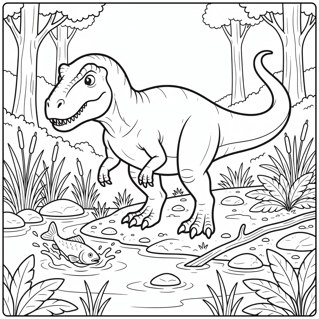 Giganotosaurus coloring page dinosaur at river with fish