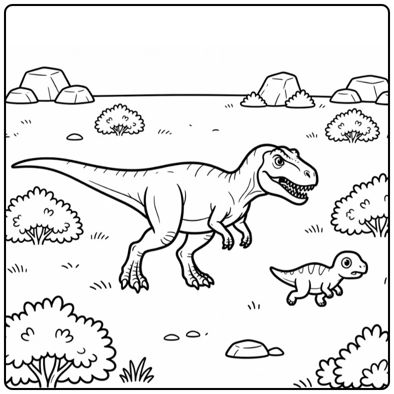 Giganotosaurus coloring page with dinosaur chase on plain