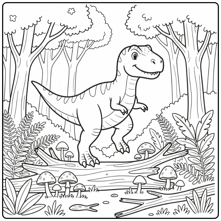 giganotosaurus coloring page dinosaur over log with ferns