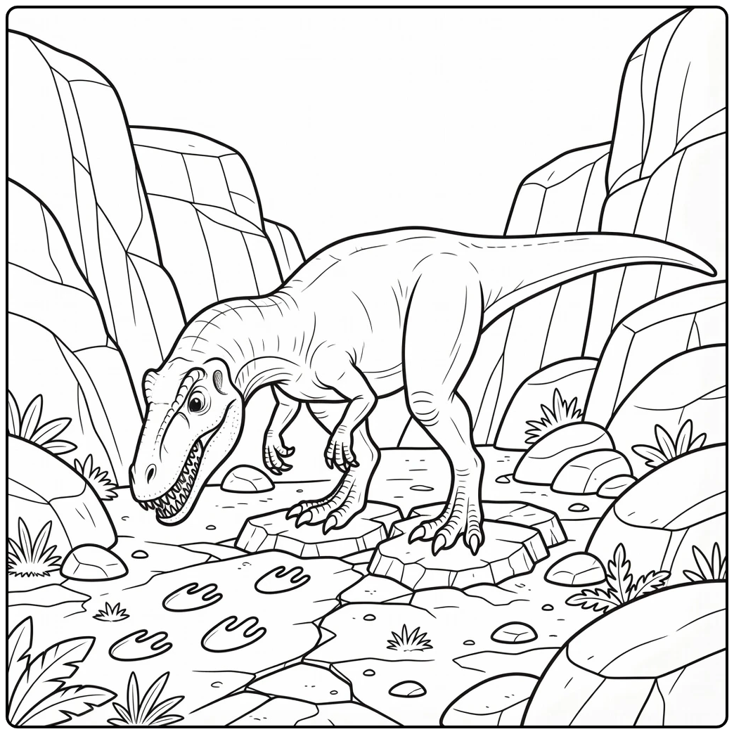 giganotosaurus coloring page dinosaur sniffing footprints