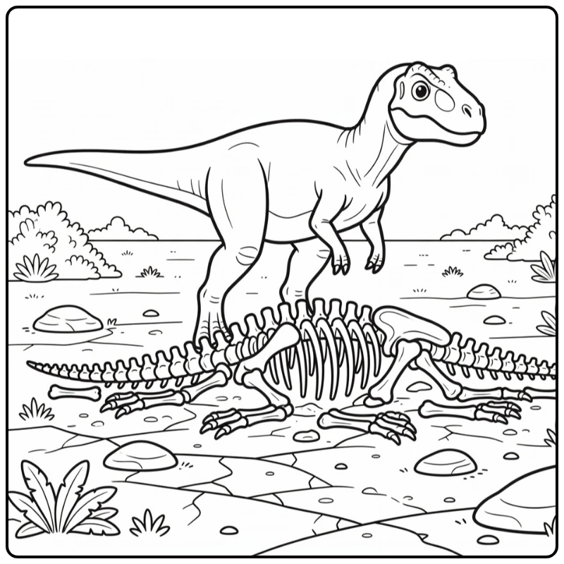 Giganotosaurus coloring page dinosaur guarding skeleton on plain
