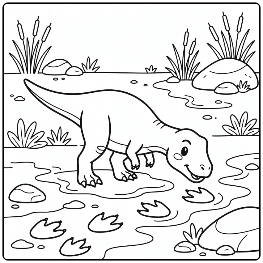 Giganotosaurus coloring page with dinosaur sniffing tracks