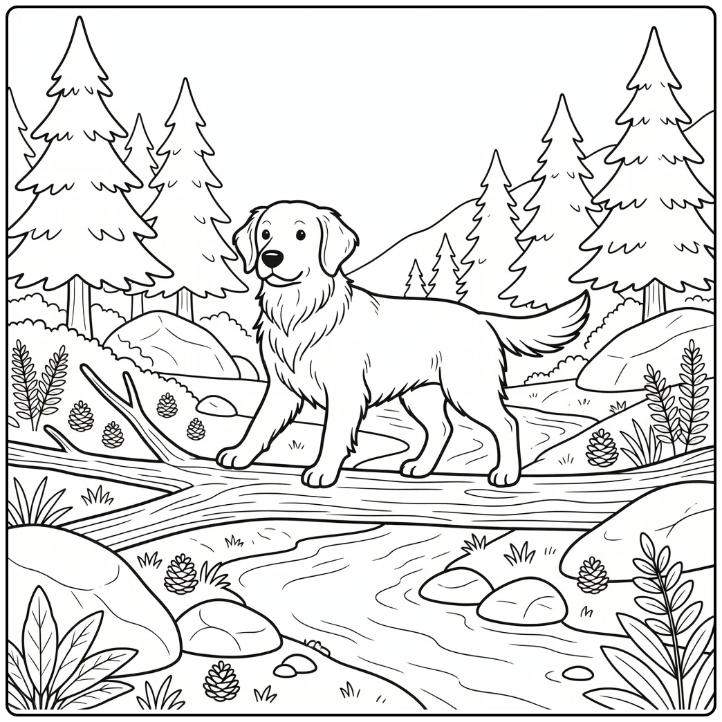 Golden retriever coloring page dog on log over creek