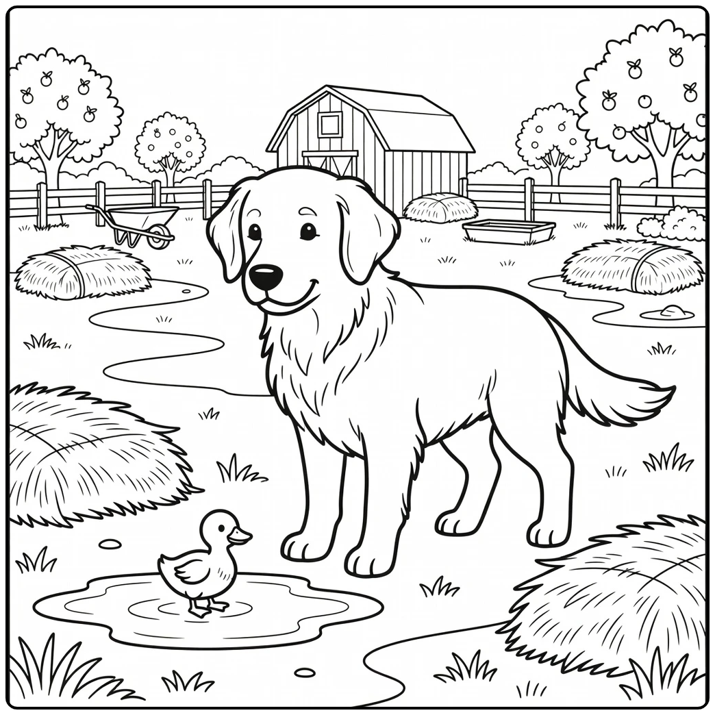 Golden retriever coloring page with dog and duckling in farmyard