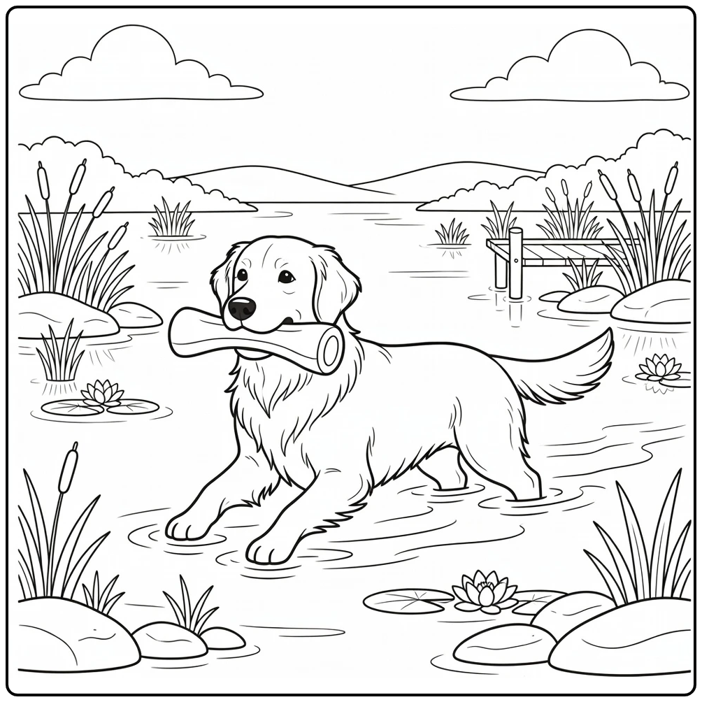 golden retriever coloring page dog swimming with training dummy