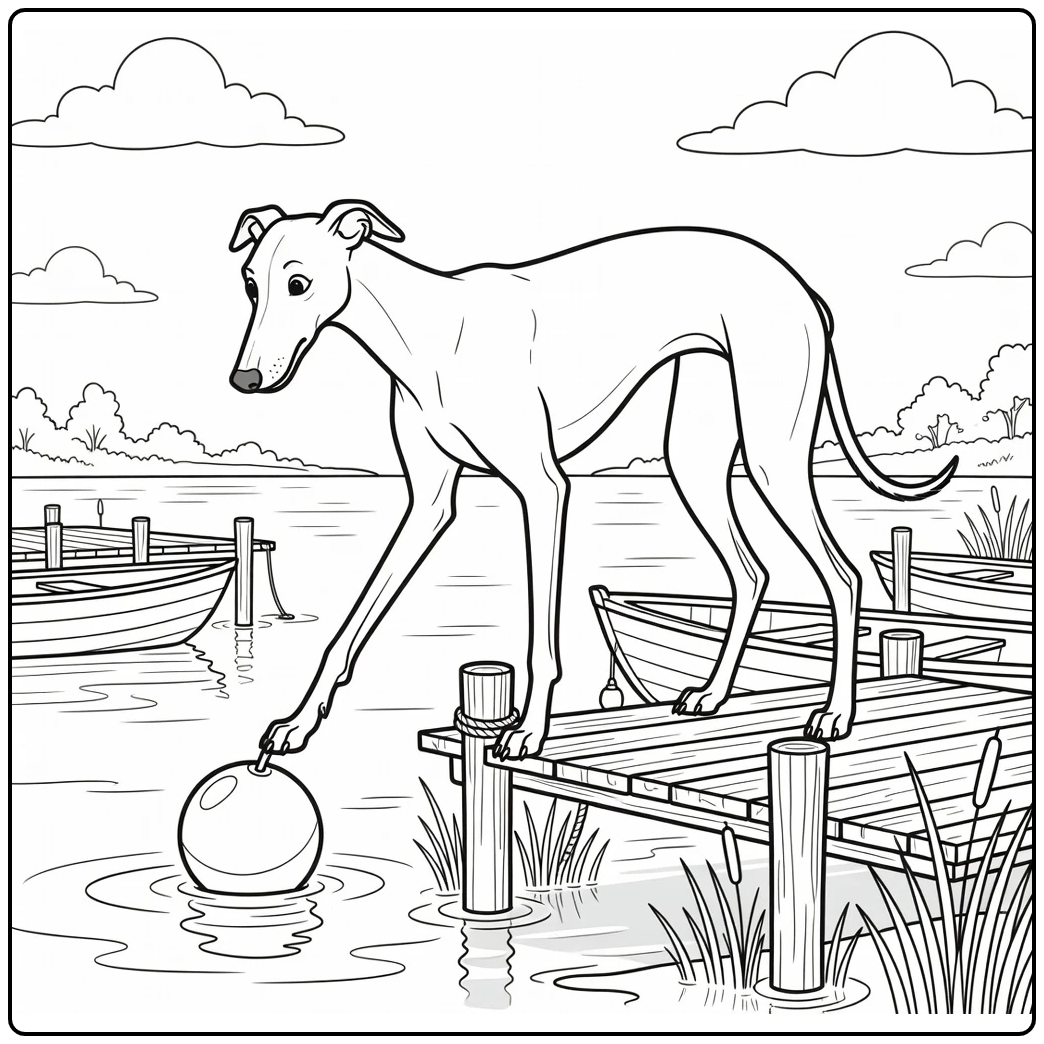 Greyhound coloring page dog tapping buoy on dock