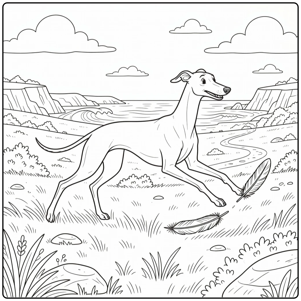 greyhound coloring page joyful dog chasing feather by coast