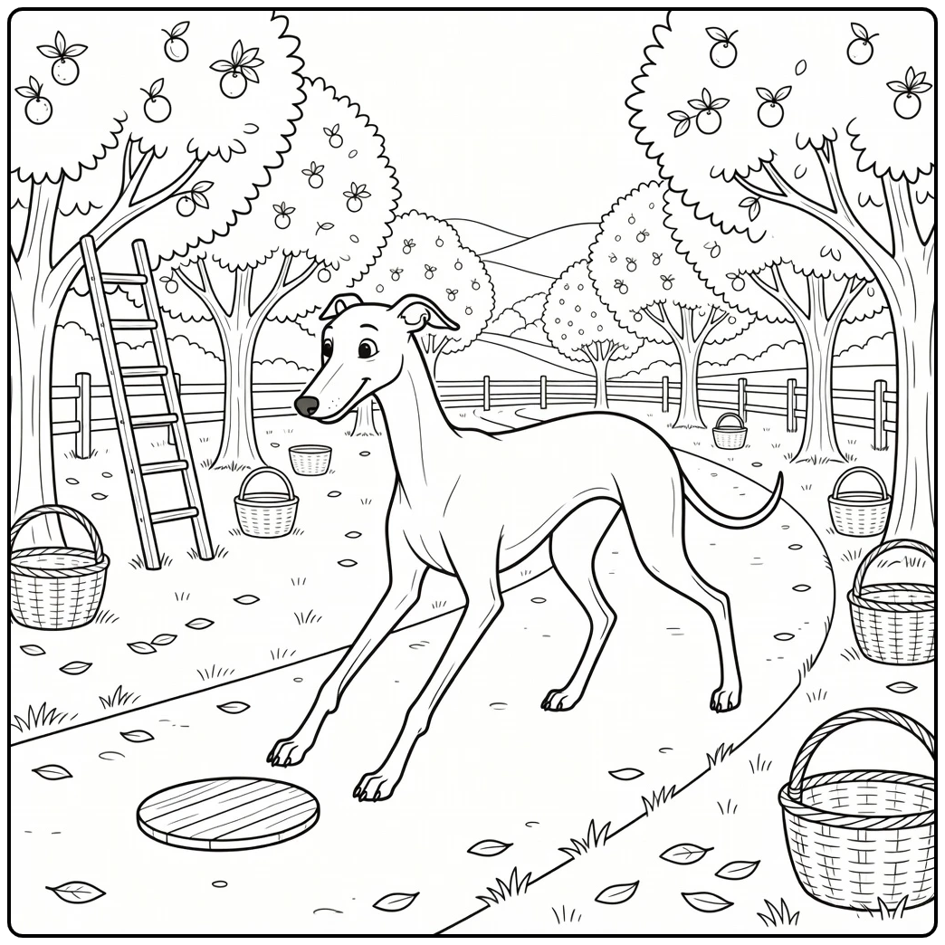 Greyhound coloring page of dog trotting in orchard