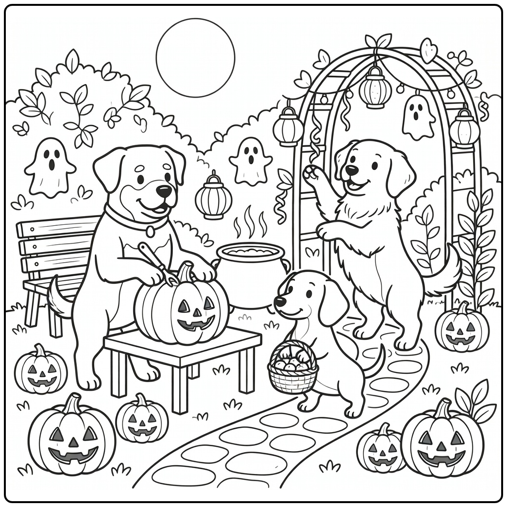 halloween dog coloring page with dogs at garden party