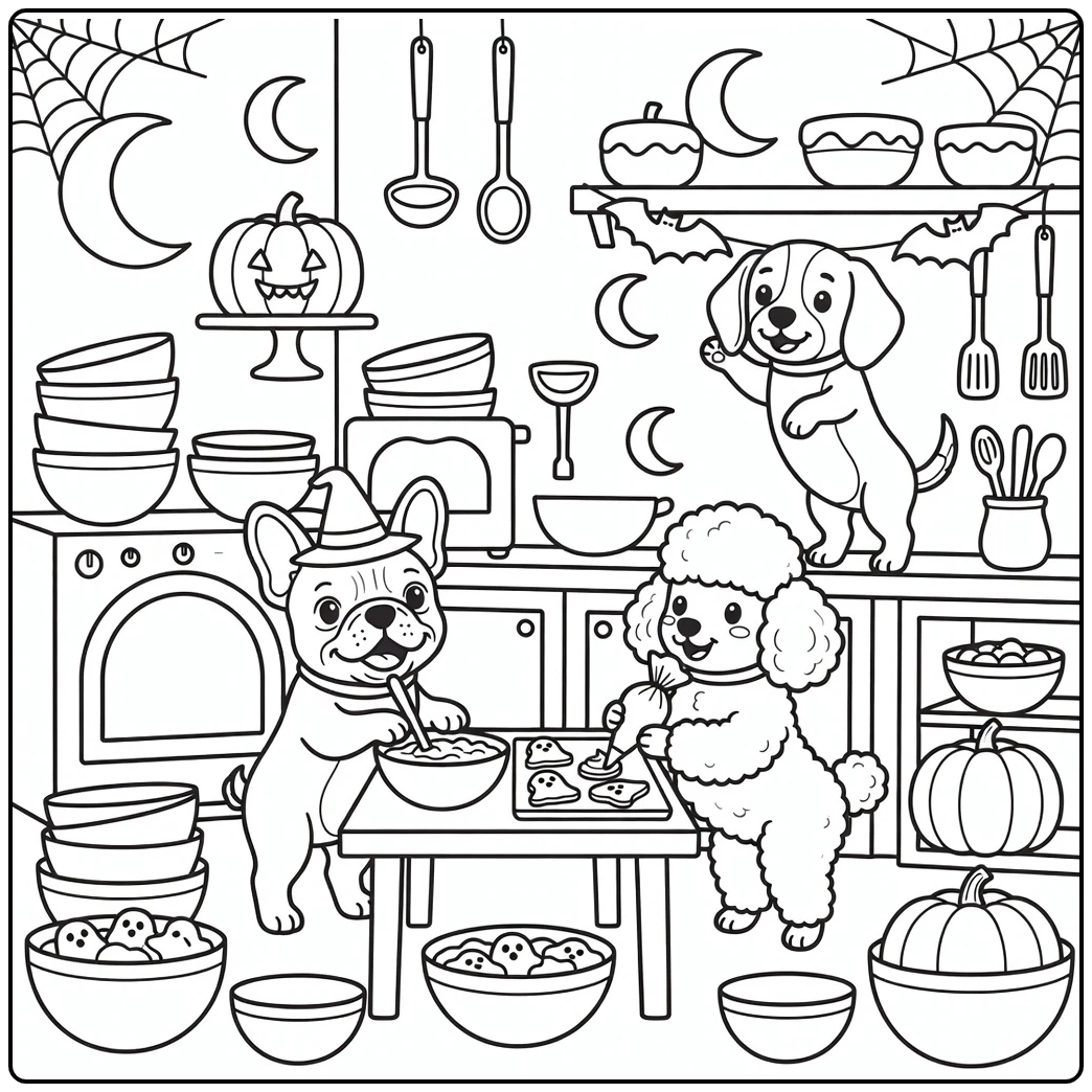 halloween dog coloring page dogs baking in spooky kitchen