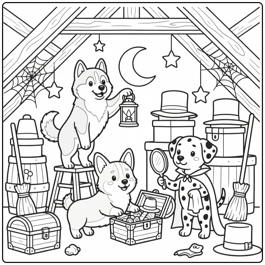 halloween dog coloring page with husky corgi dalmatian in attic