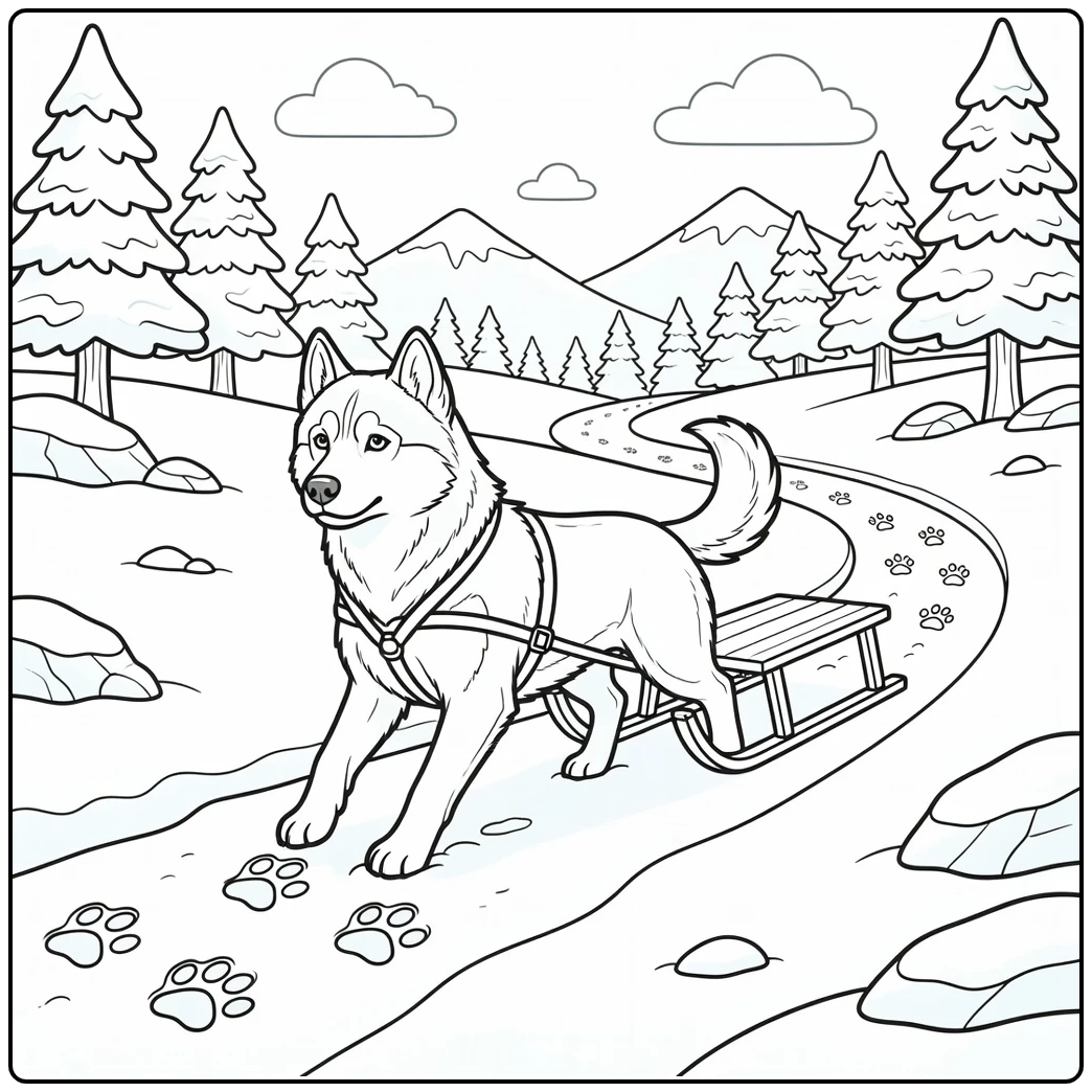 husky coloring page Siberian Husky pulling sled in snow