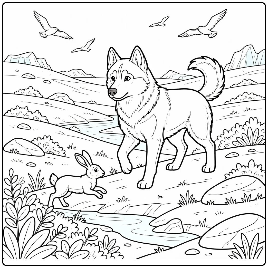 Husky coloring page alert Siberian Husky on tundra ridge