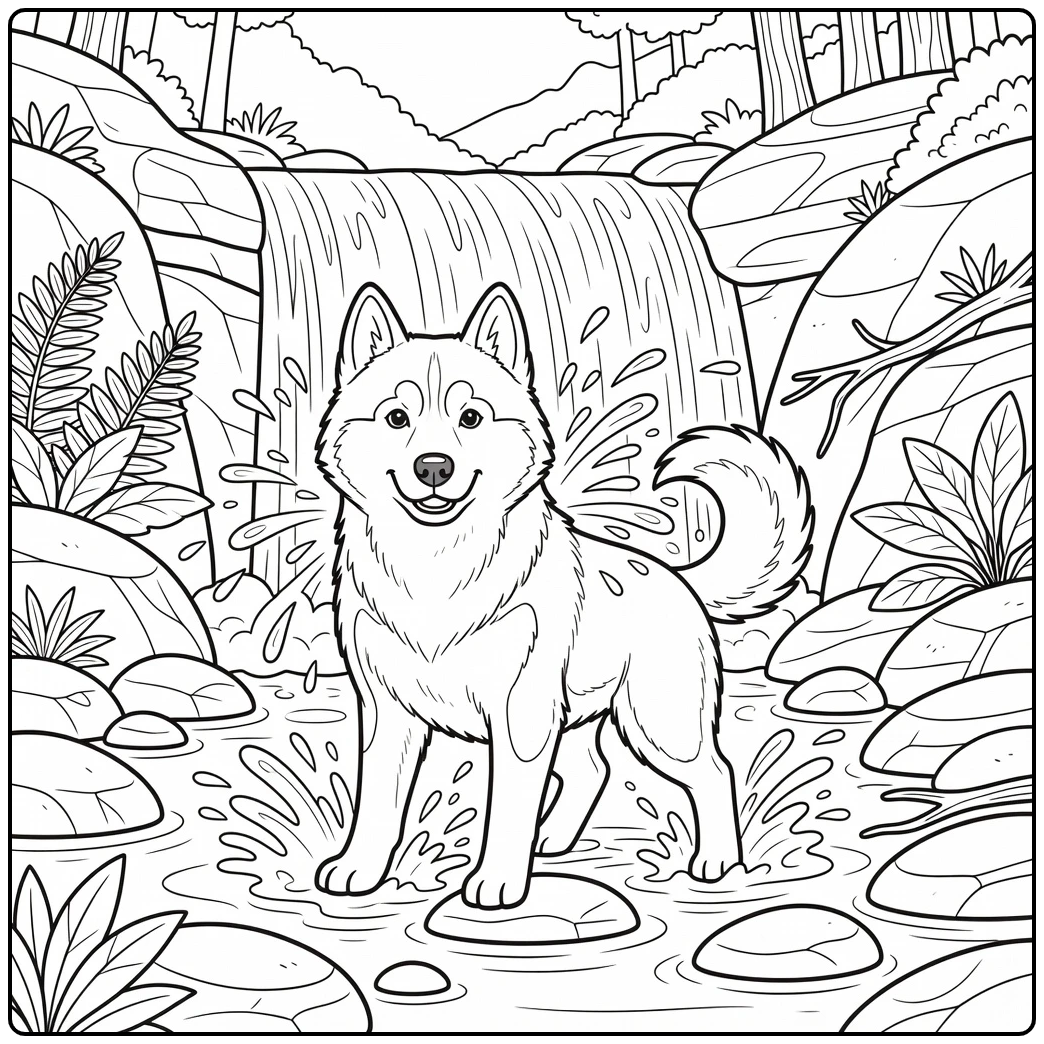 Husky coloring page of Siberian Husky at waterfall