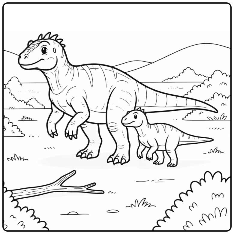 iguanodon coloring page adult guiding juvenile on plain