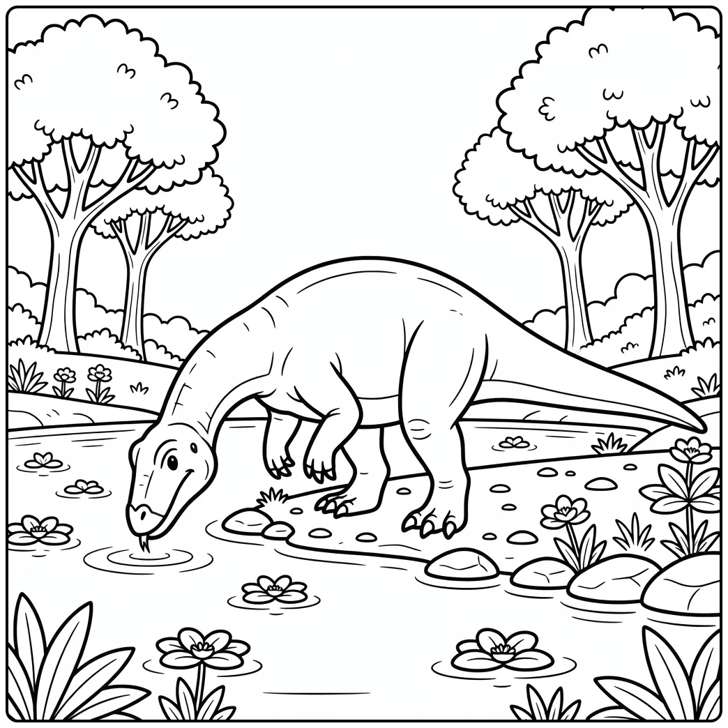 Iguanodon coloring page dinosaur drinking from lake