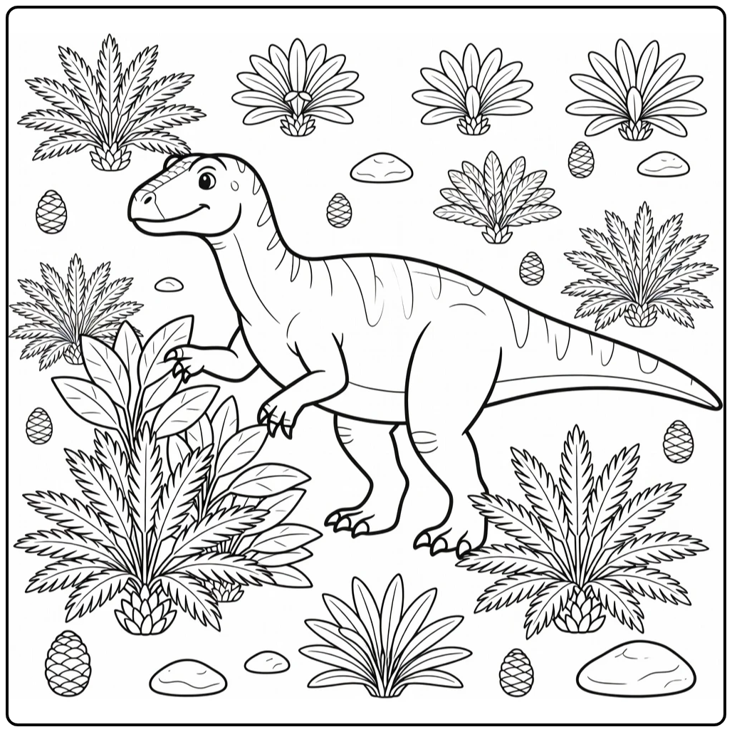 iguanodon coloring page with thumb spikes and cycads