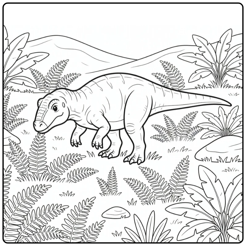 iguanodon coloring page of realistic dinosaur grazing in meadow