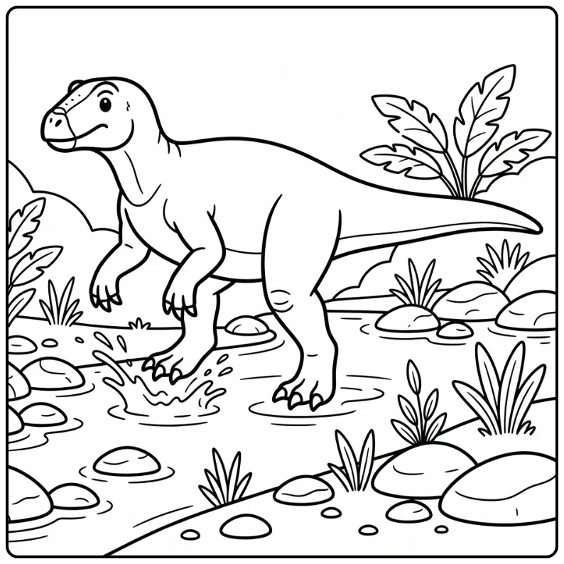 iguanodon coloring page dinosaur splashing in stream