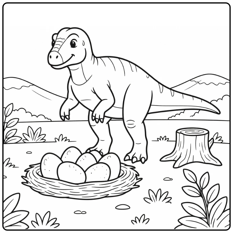 iguanodon coloring page of dinosaur guarding nest with eggs