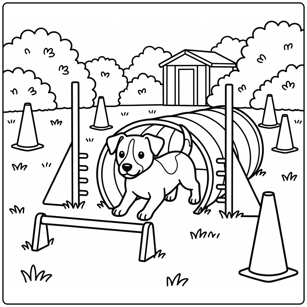Jack Russell terrier coloring page in agility tunnel
