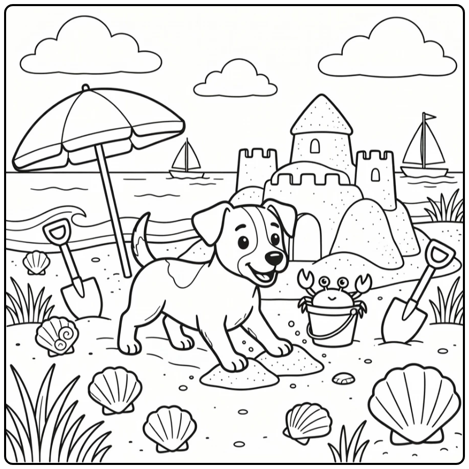 Fun jack russell terrier coloring page at beach with sandcastle