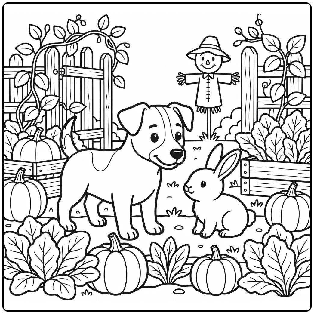 Jack Russell terrier coloring page dog greets rabbit in garden