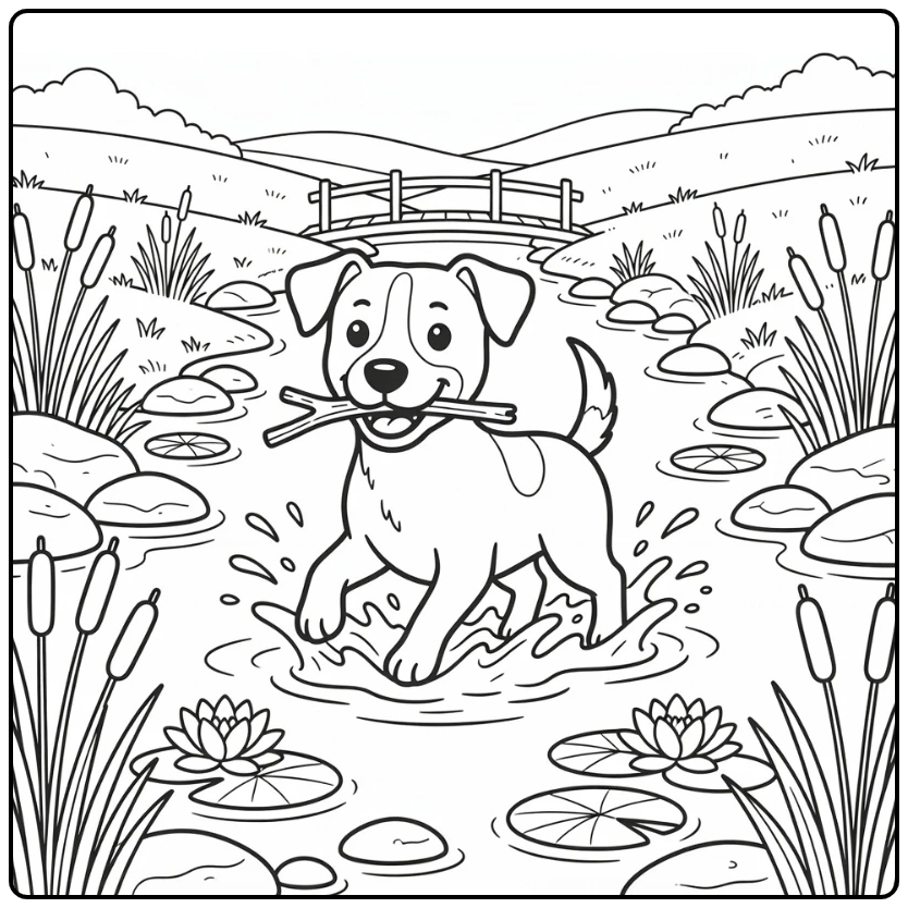 Jack Russell terrier coloring page carrying stick in stream