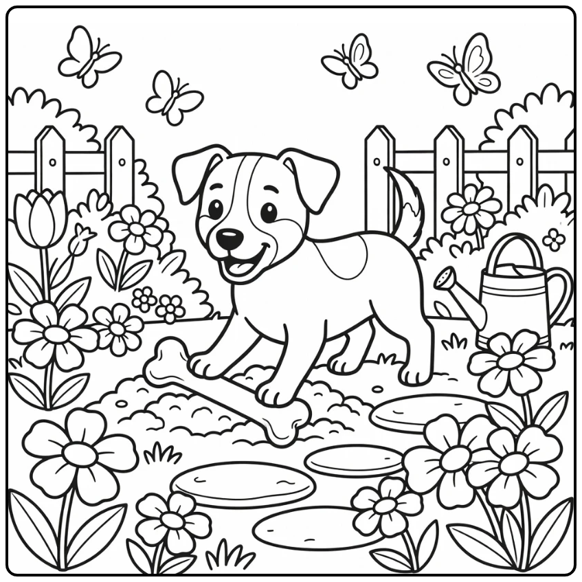 Jack Russell terrier coloring page dog digs bone garden