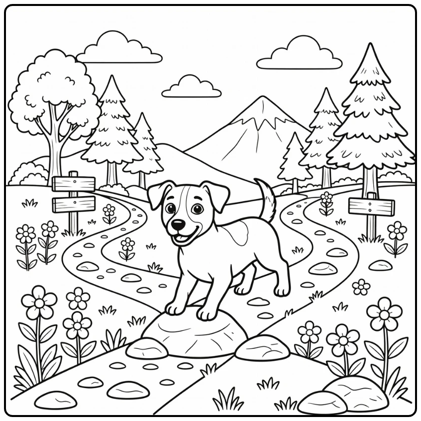 Jack Russell terrier coloring page dog climbing rocky hill