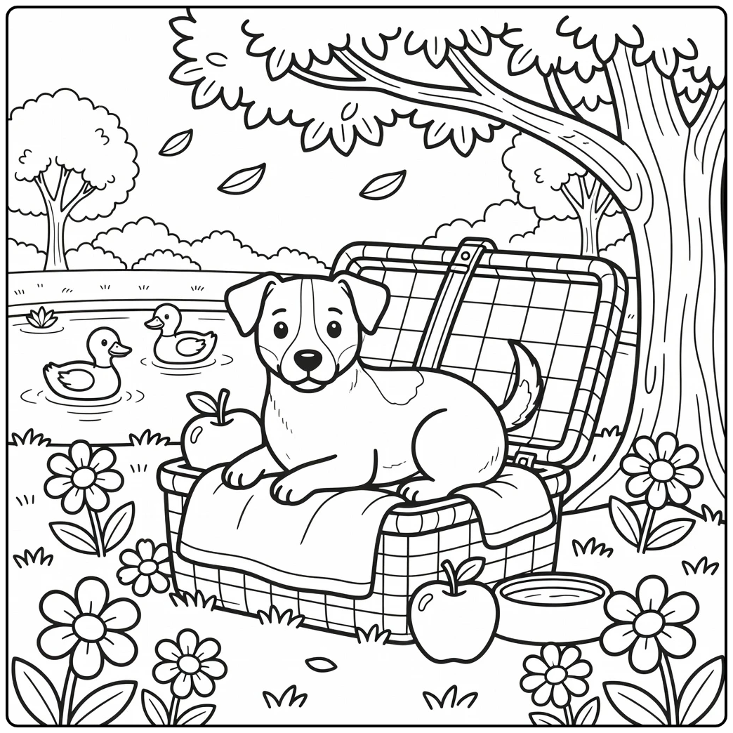 Jack Russell terrier coloring page dog in picnic basket