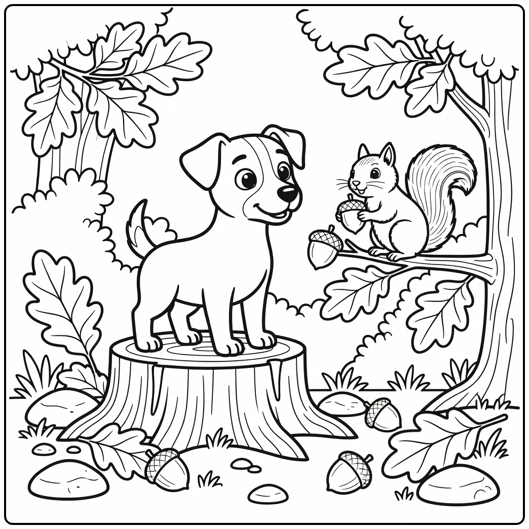 Jack Russell terrier coloring page with squirrel on branch