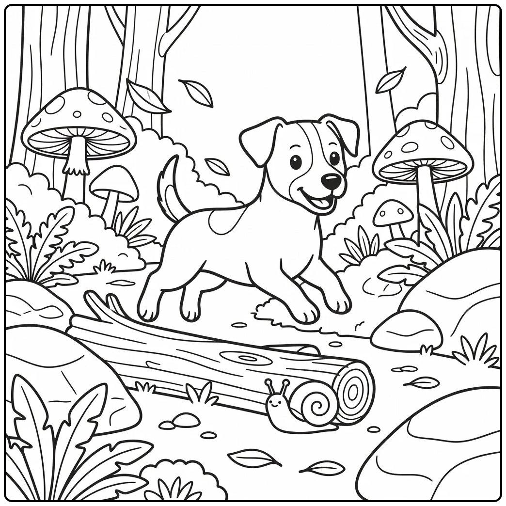 Jack Russell terrier coloring page dog leaps over woodland log