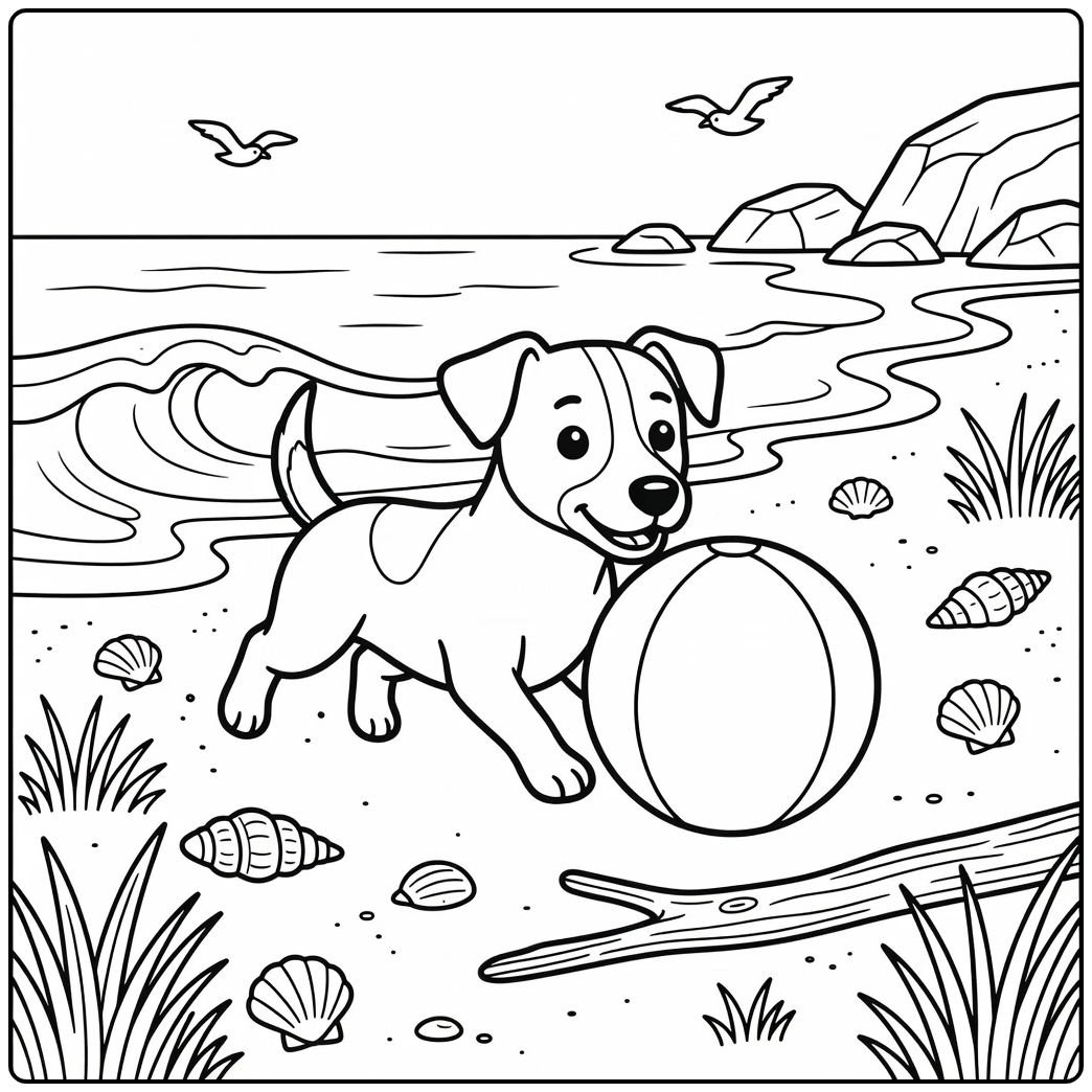 Jack Russell terrier coloring page beach ball adventure