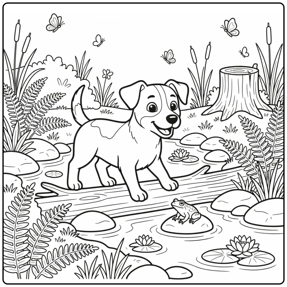jack russell terrier coloring page of dog crossing stream