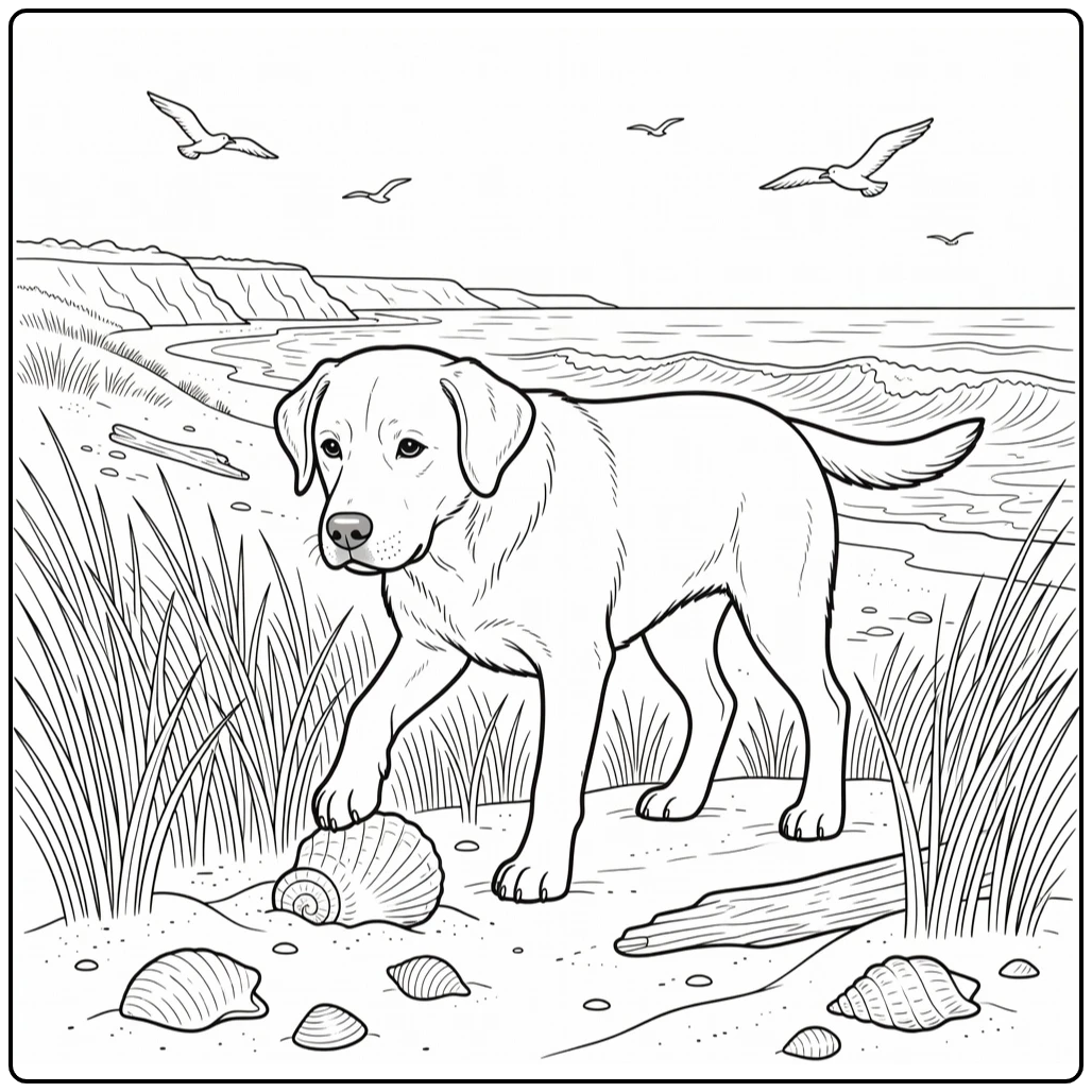 labrador retriever coloring page discovering seashell