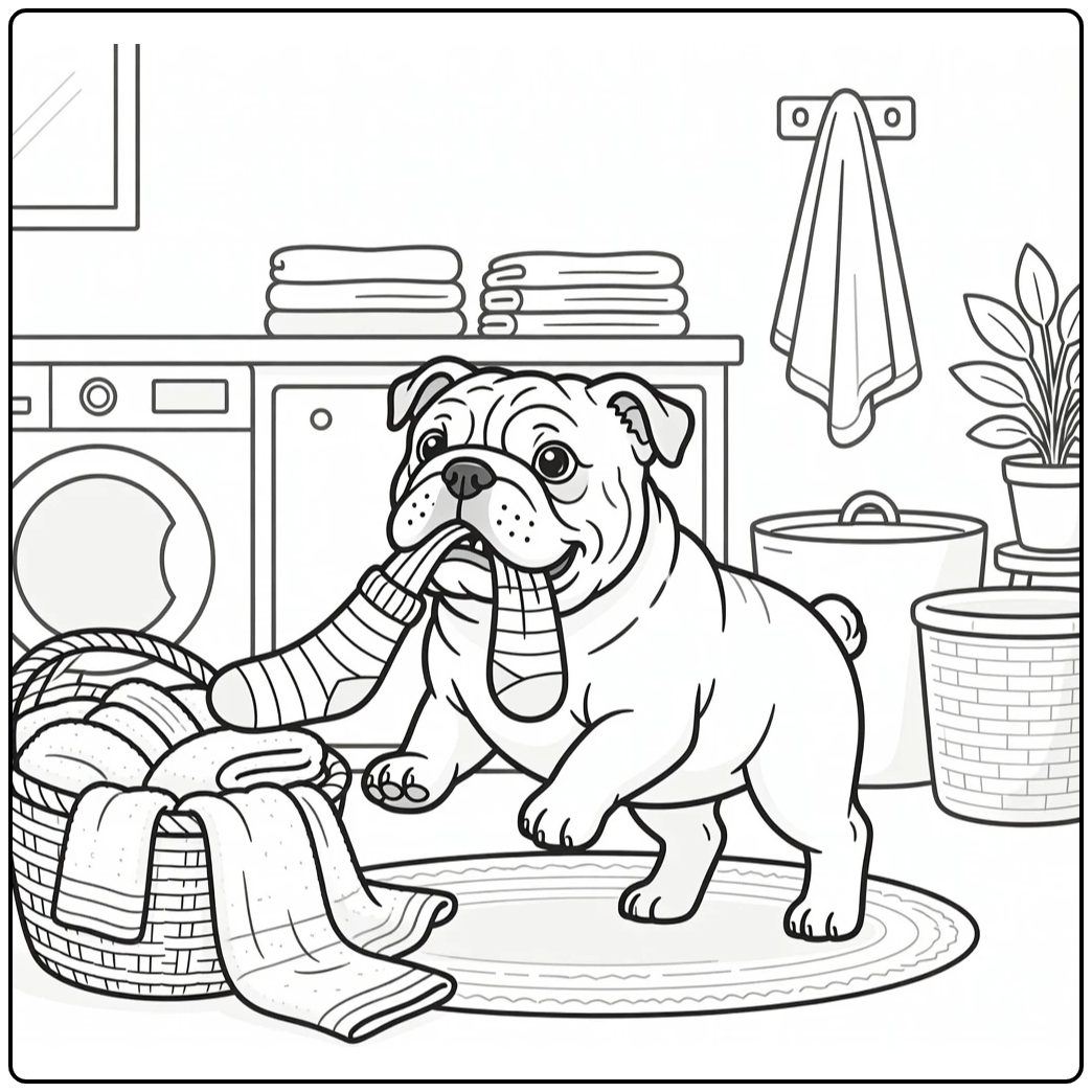Bulldog coloring page with dog pulling sock from basket
