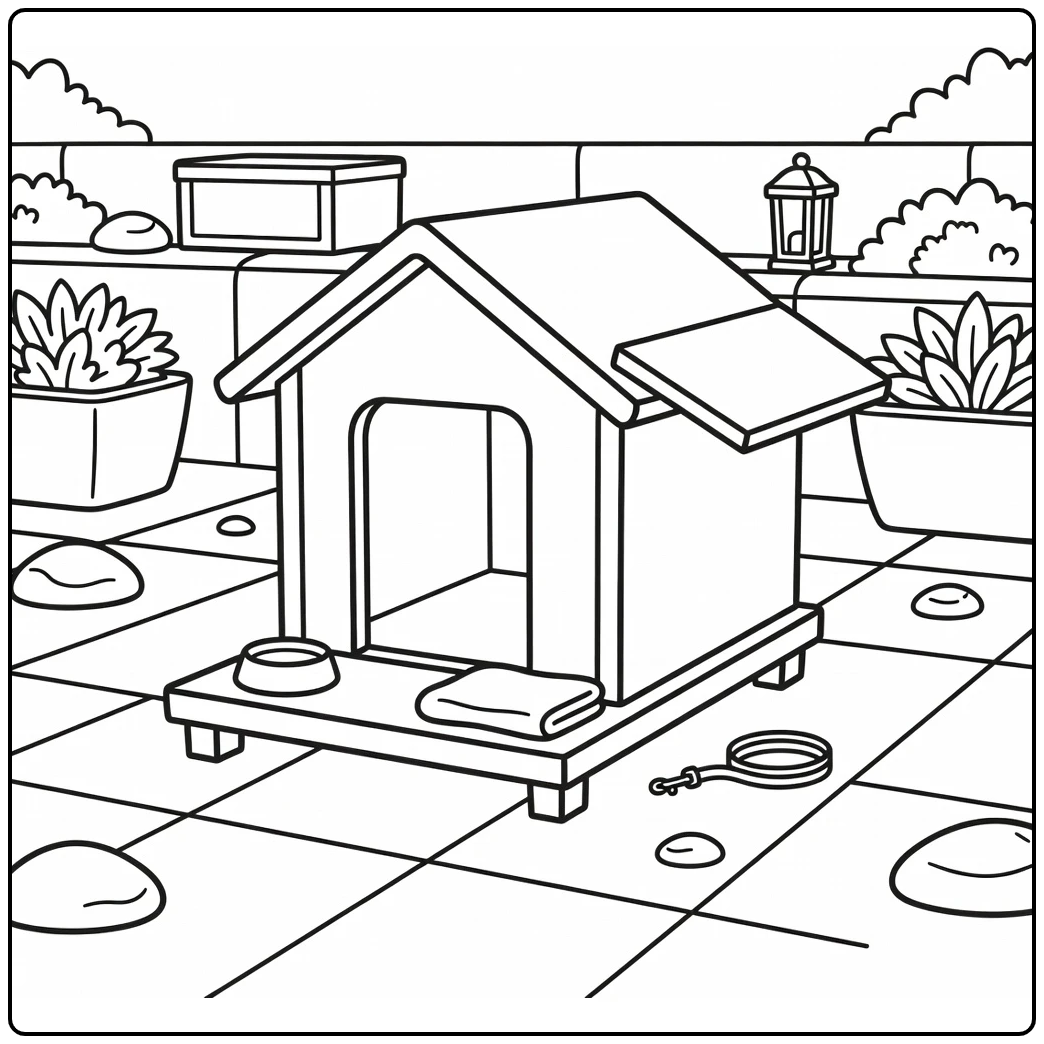 dog house coloring page geometric design in neat courtyard
