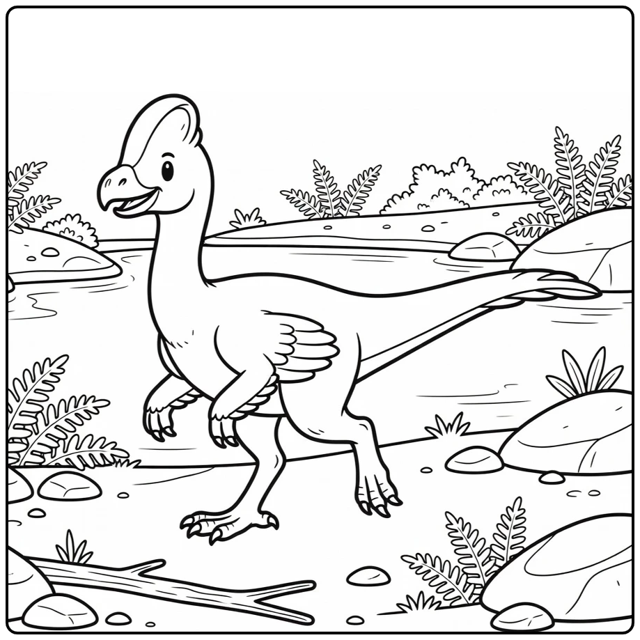 oviraptor coloring page dinosaur sprinting by riverbank