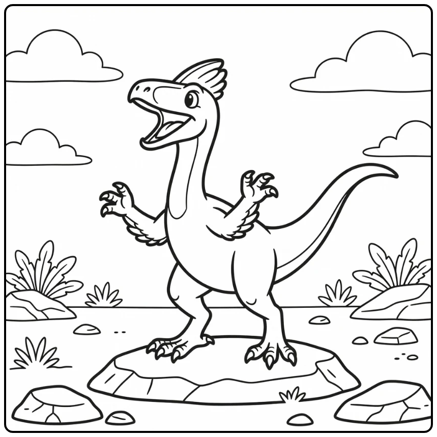 oviraptor coloring page of dinosaur on rocky mound calling