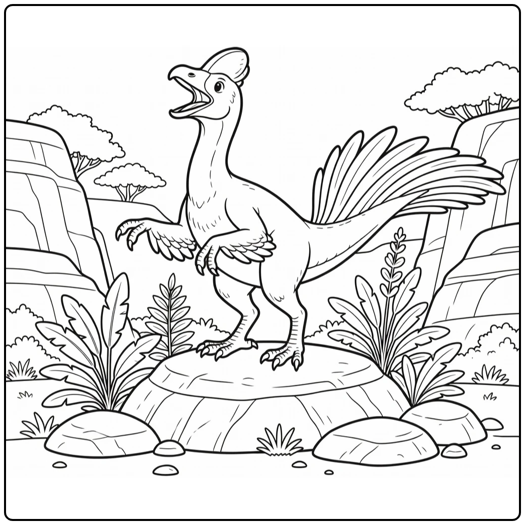 oviraptor coloring page with dinosaur calling on rocky mound